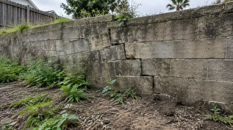 AI-generated illustration of an aging block retaining wall with a stair-step crack and a slight lean